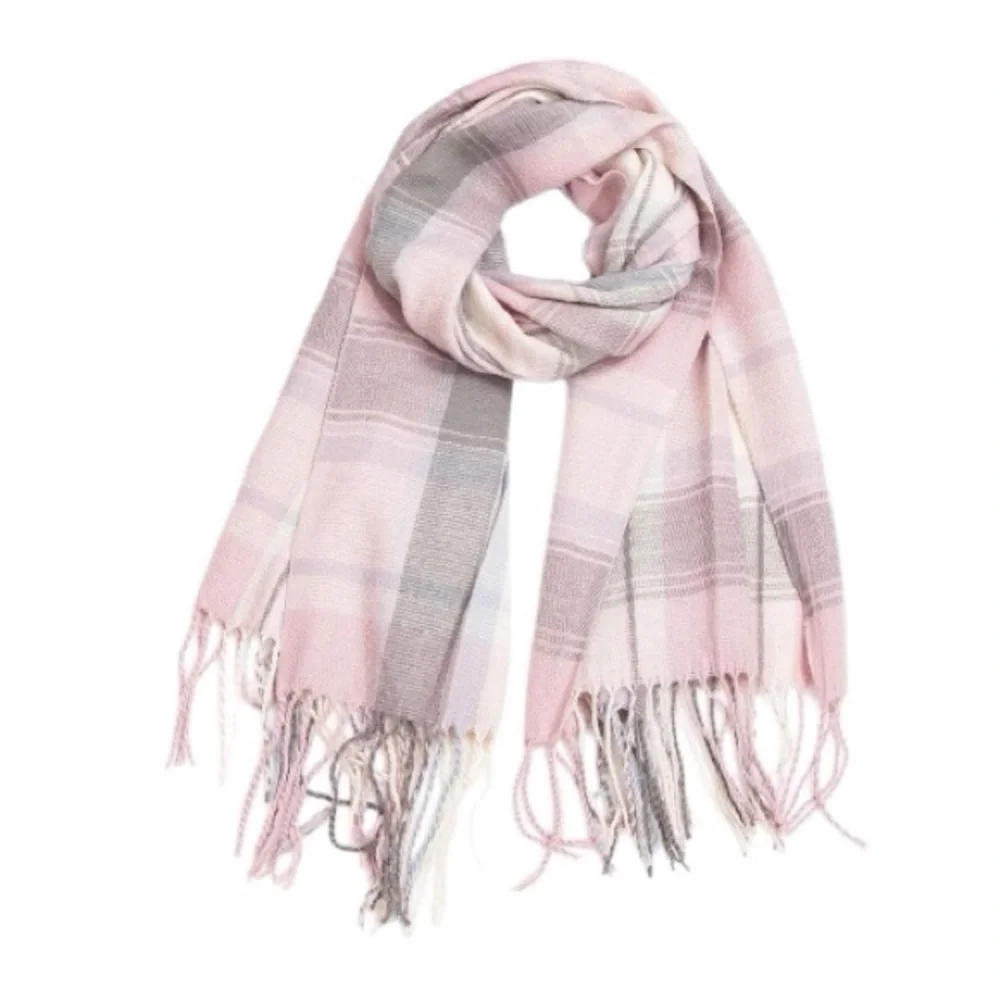 Winter Knit, Long Pink And Grey Plaid Scarf With Fringe New
